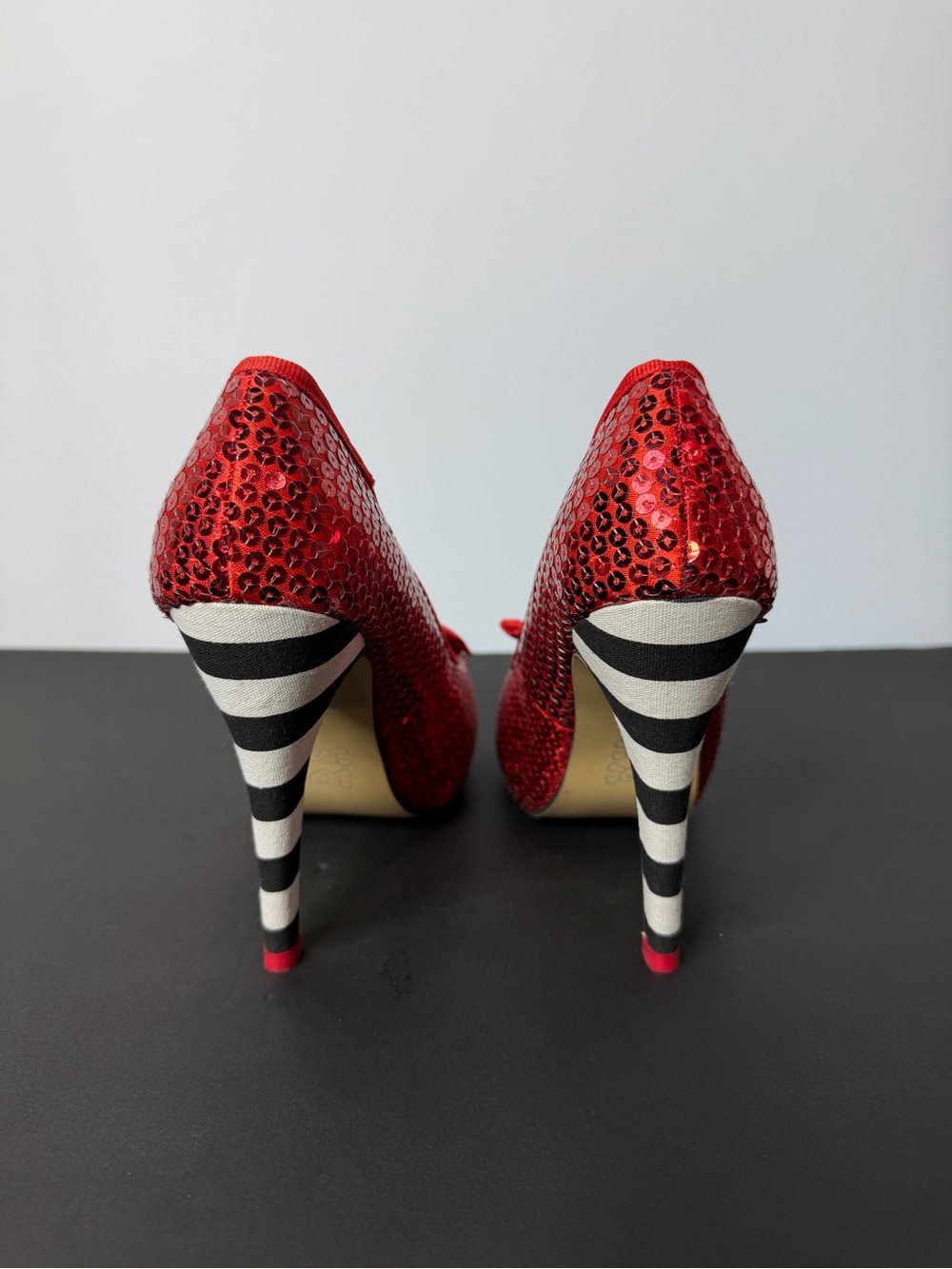Iron Fist Red Sequin Peep-Toe Heels with Black-and-White Striped Heel - Picture 4 of 6